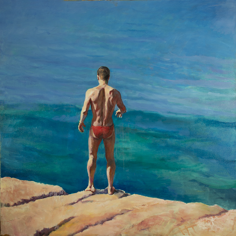 Painting of Man on cliff edge facing the sea